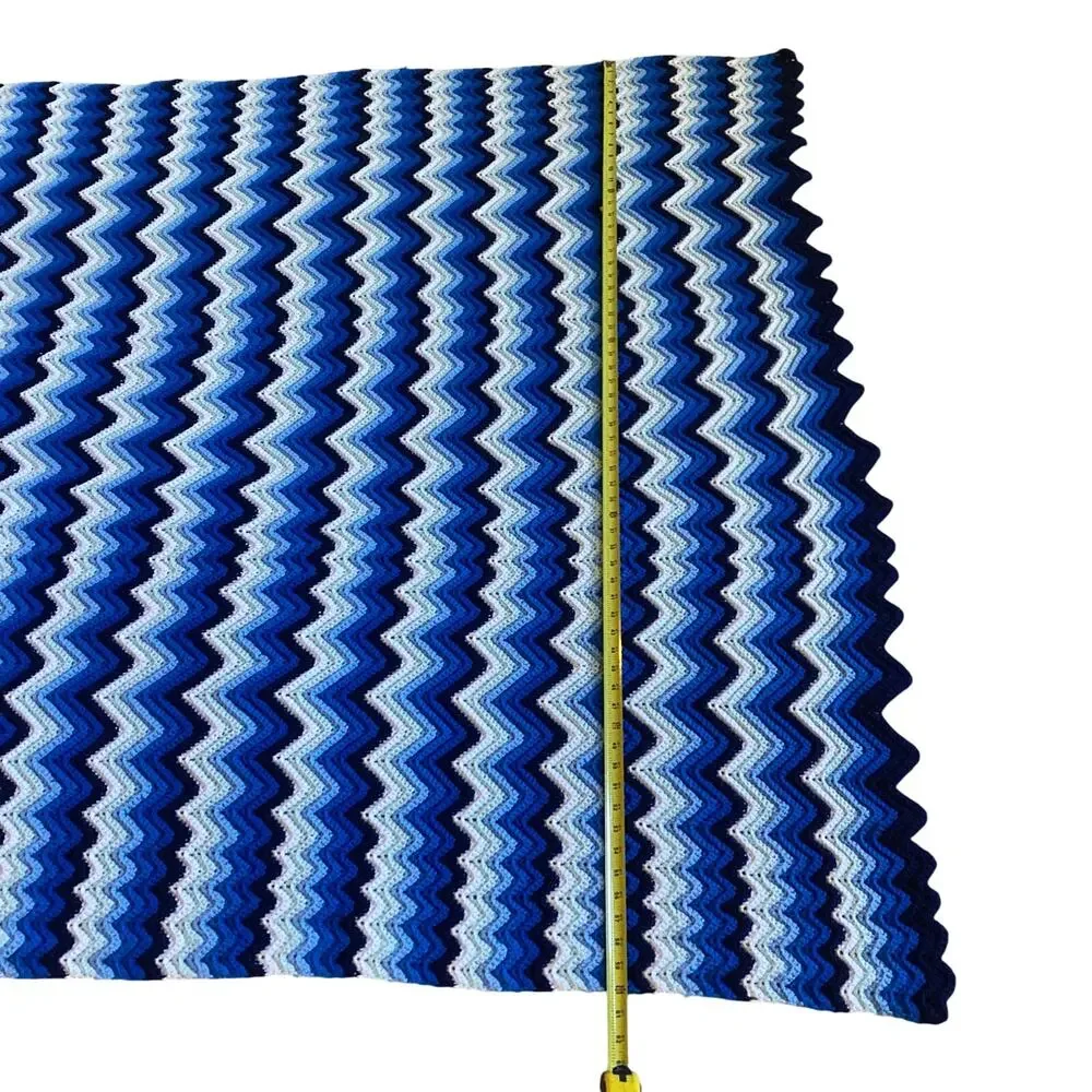 Handmade Large Afghan Blue & White Chevron Wave Zig Zag Pattern Blanket 60
